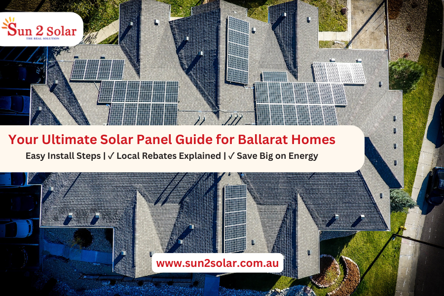 Technician installing solar panels on a rooftop in Ballarat, showcasing the solar setup process under clear blue skies.